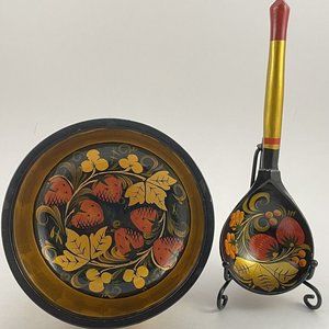 Vintage Khokhloma Lacquer Hand Painted Bowl and Spoon Set, Russian